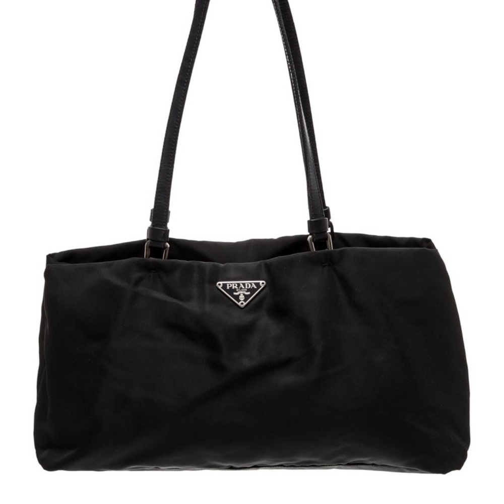 Prada Black Nylon Tote with Leather Straps and Triangle Logo